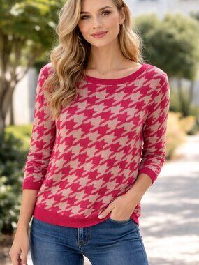 ✨ ANN TAYLOR FACTORY L Red Tan Houndstooth 100% Cotton Boatneck Sweater ✨